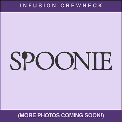 Purple background with 'SPOONIE' embroidery design and promotional text for a product called 'Infusion Crewneck'.