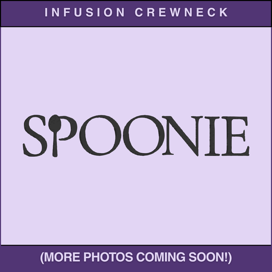 Purple background with 'SPOONIE' embroidery design and promotional text for a product called 'Infusion Crewneck'.